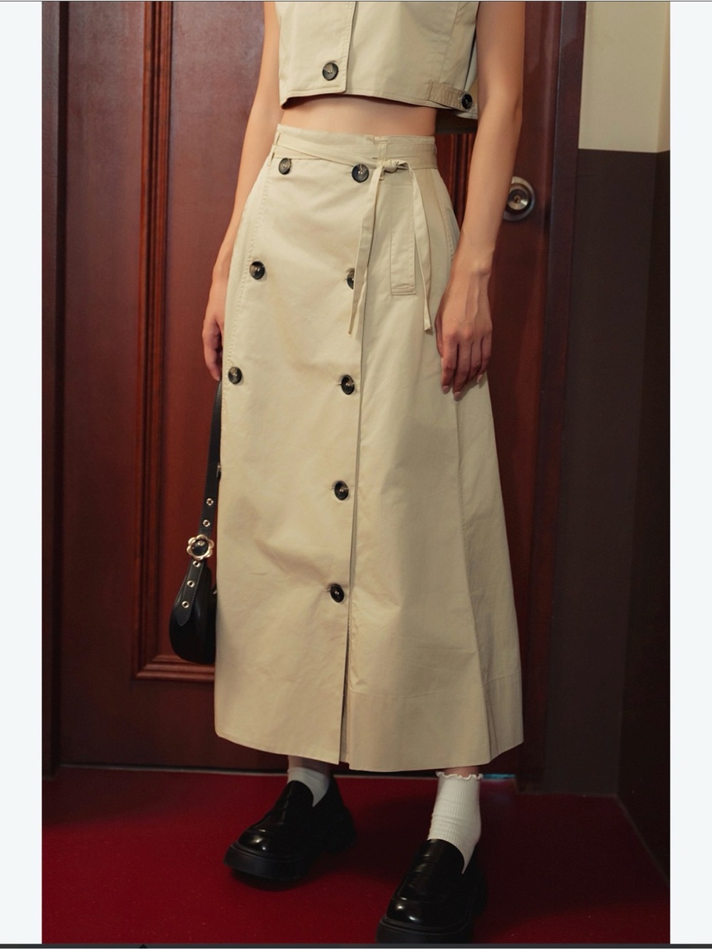 Zara beige button-front maxi skirt with waist tie